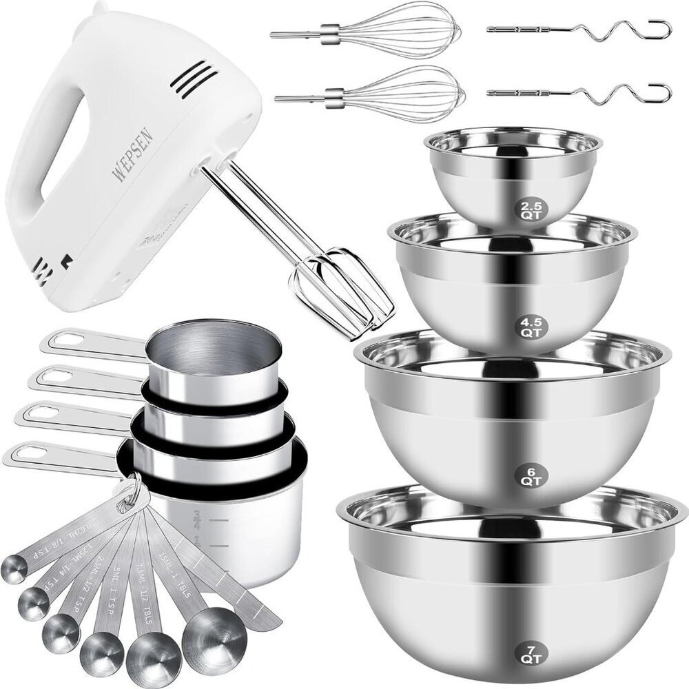 Hand Mixer Electric Mixing Bowls Set, 5 Speeds Handheld Mixer with 4 Nesting Sta